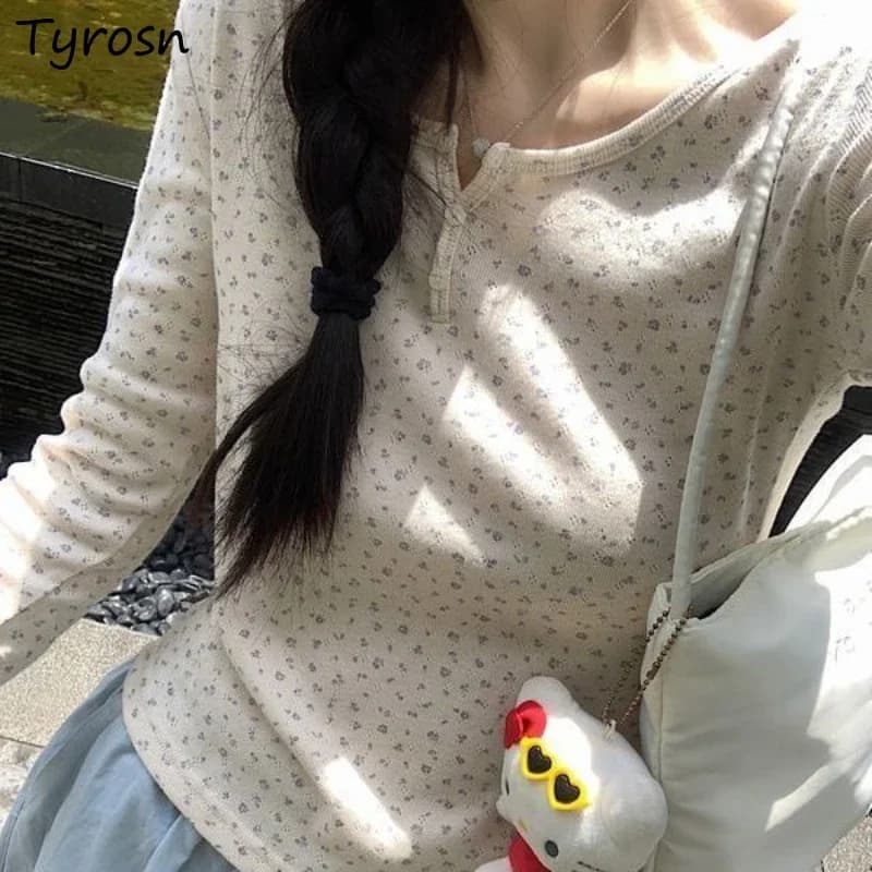 Long Sleeve T-Shirts Women Floral Slim Sweet Lovely Girls Chic Gentle Stylish Basic Korean Fashion All-match Leisure Autumn Tops