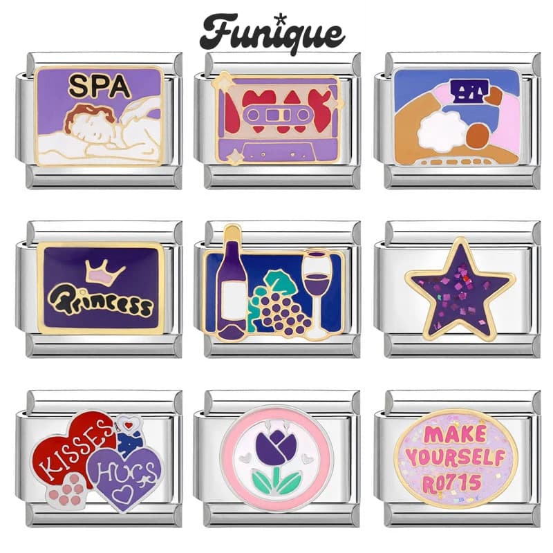 FUNIQUE Purple Series Camera Stars Wine Bottle Flowers Italian Charm Links Fit 9mm Bracelet Stainless Steel DIY Jewelry Making