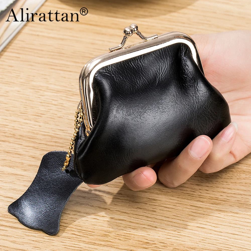 Alirattan 2025 New Compact Retro Clip Zero Wallet For Women's Top Layer Oil Wax Cowhide Coin Bag Storage Bag