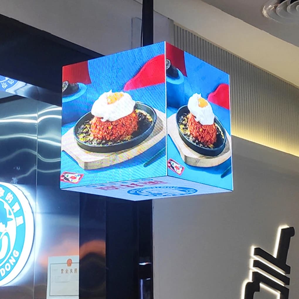 Outdoor P2.5 Spacing Five Sided Hanging LED Store Magic Cube Screen Pixel 128* 128*5 Faces 12.6*12.6*12.6in (320*320*320mm)