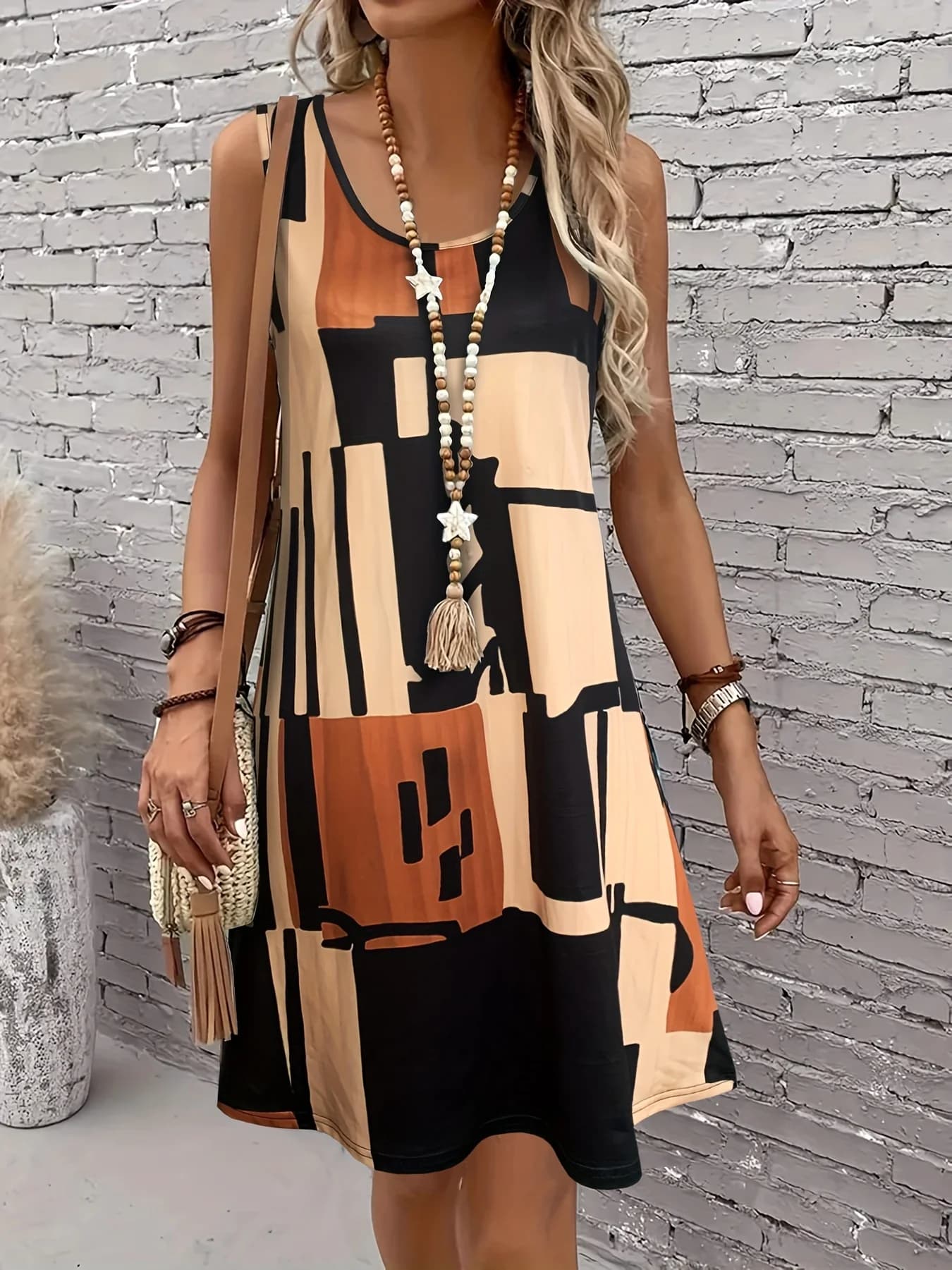 Spring&Summer Women's Geometric Pattern Sleeveless Dress For Summer Vacation,dresses for women summer，Women Bohemia Midi Dresses