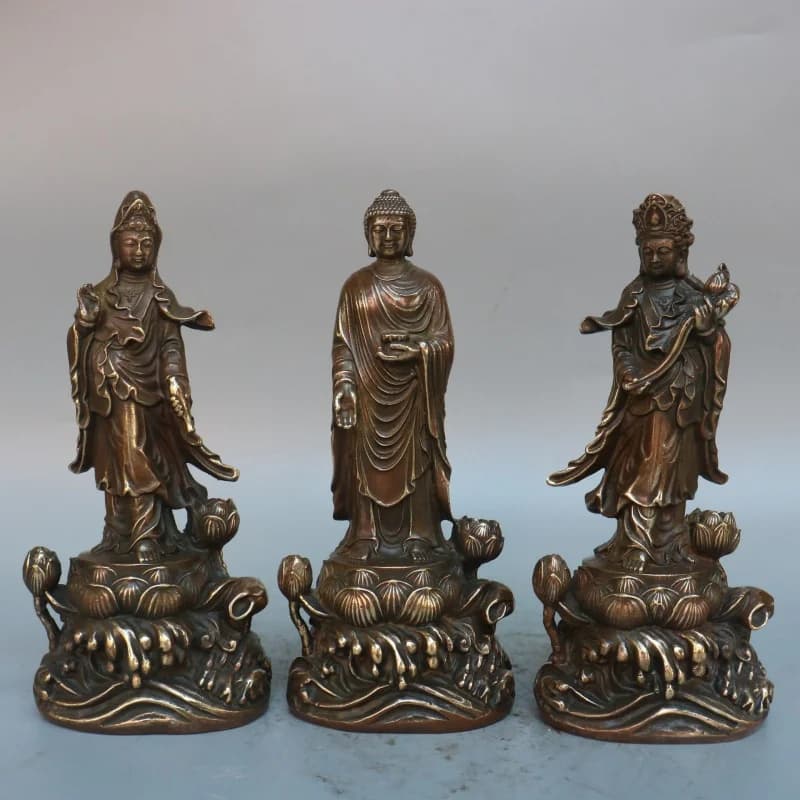 Brass Western Trinity Buddha Ornament Amitabha Statue Guanyin Mahasthamaprapta Standing Statue Home Worship