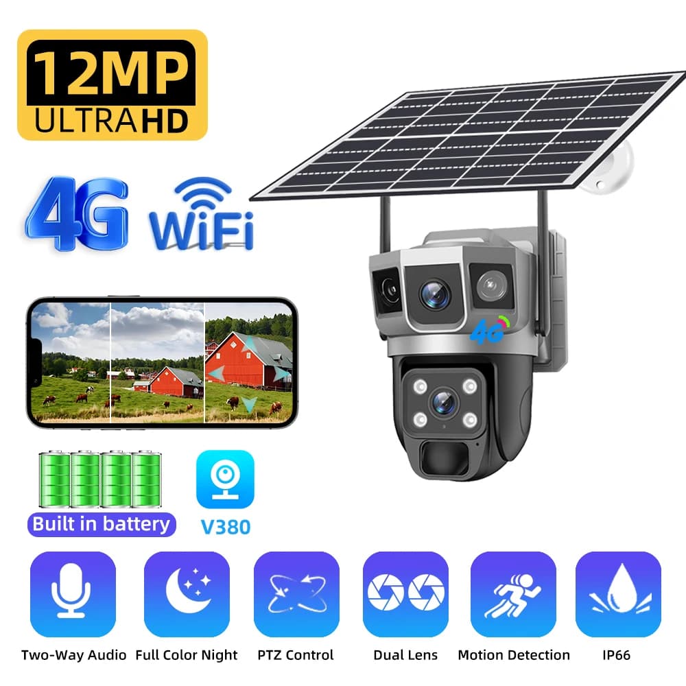 12MP Dual Lens Solar 4G WiFi Camera Wireless Battery Low Powered IP Camara PIR Motion Detect CCTV Video Surveillence V380