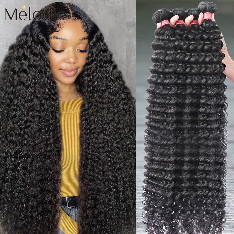 Melodie 30 32 40 Inch Deep Wave Bundle 100% Remy Bundles Human Hair Extensions 1 3 4  Deals Brazilian Curly Doubt Weft