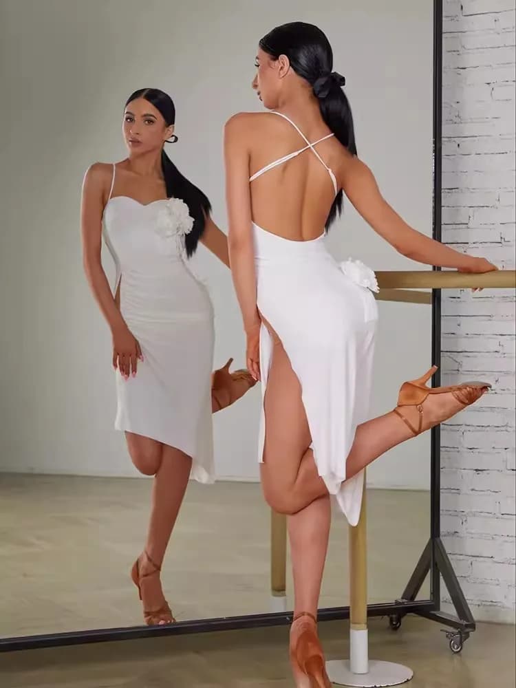 ZYM Latin Dance Dress White Black Flora Fringe Latin Practice Performance Wear  #2403