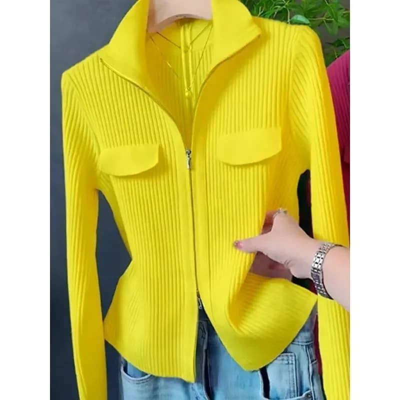 Fashion Zipper Short Knitted Cardigan Sweater 2025 Spring Autumn New Korean Versatile Coat Top Turn-Down Col Sweater Solid Color