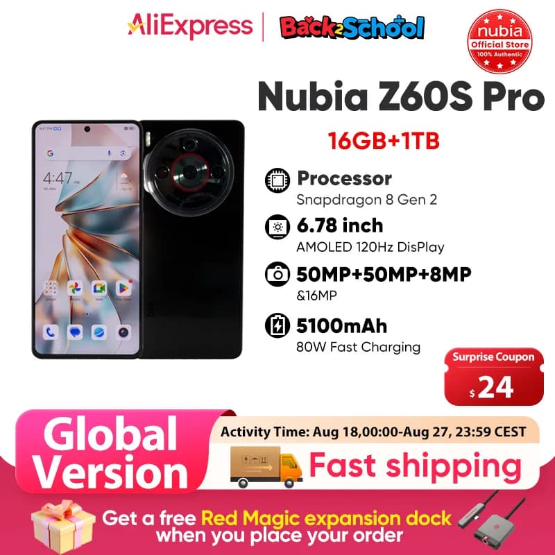 Global Version Nubia Z60S Pro 5G Smartphone Snapdragon 8 Gen 2 MyOS 14.0 120Hz 6.78-inch AMOLED Screen 50M+50M+8M 5100mAh 80W