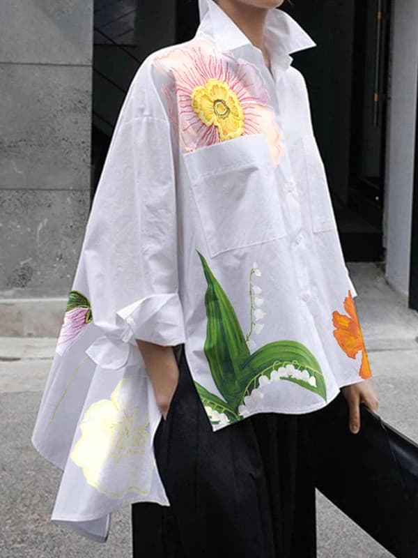 Modigirl Womens Flower Printed Shirts Blouse Elengant 2025 Fall Summer Spring Original Clothing Classic White Tops for Woman