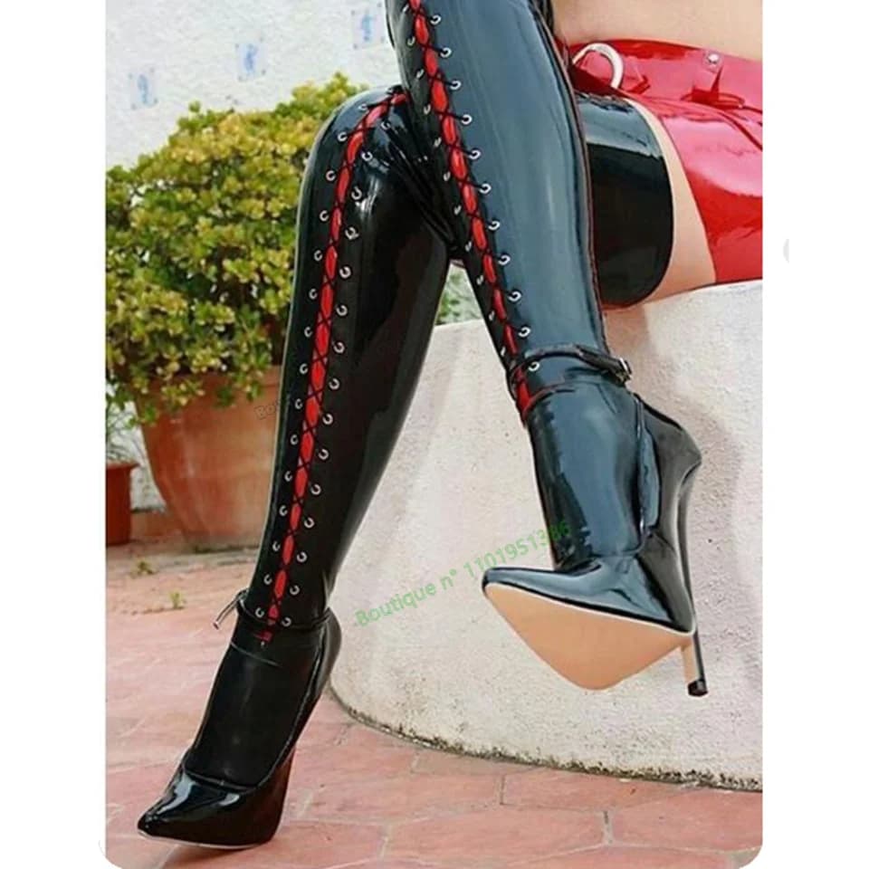 Black Thigh High Cross Tied Boots Stretchy Thin High Heel Shoes For Women Autumn Winter Big Size Shoes 2023 Zapatos Para Mujere