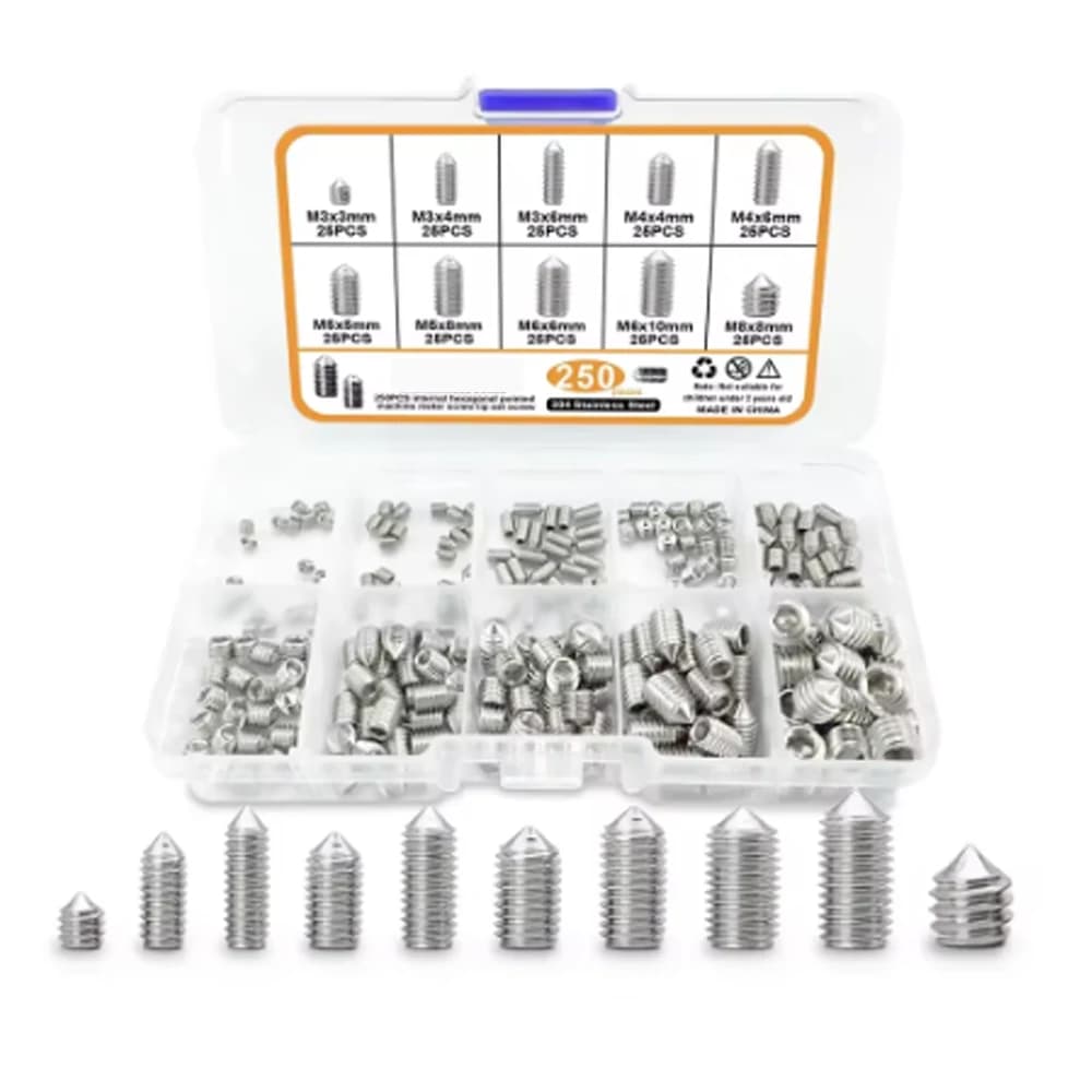 250Pcs Headless Hex Socket Screws, Stainless Steel Pointed Fastening Screws, Suitable For Home Repair, Small DIY Projects
