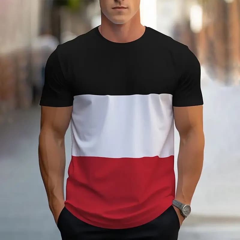 2024 Summer new fashion splicing printed short-sleeved T-shirt men's round neck loose breathable tops Sports Fitness T-shirt