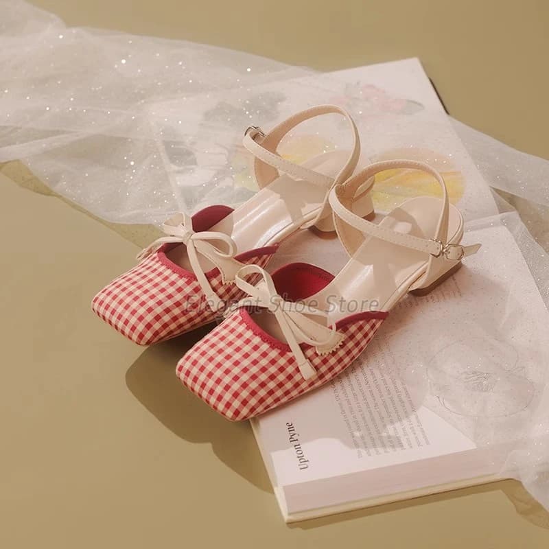 Bow Square Toe Mary Jane Shoes Vintage Red White Mixed Colors Thick Heel Sandals Summer Outside Comfortable Women Casual Shoes