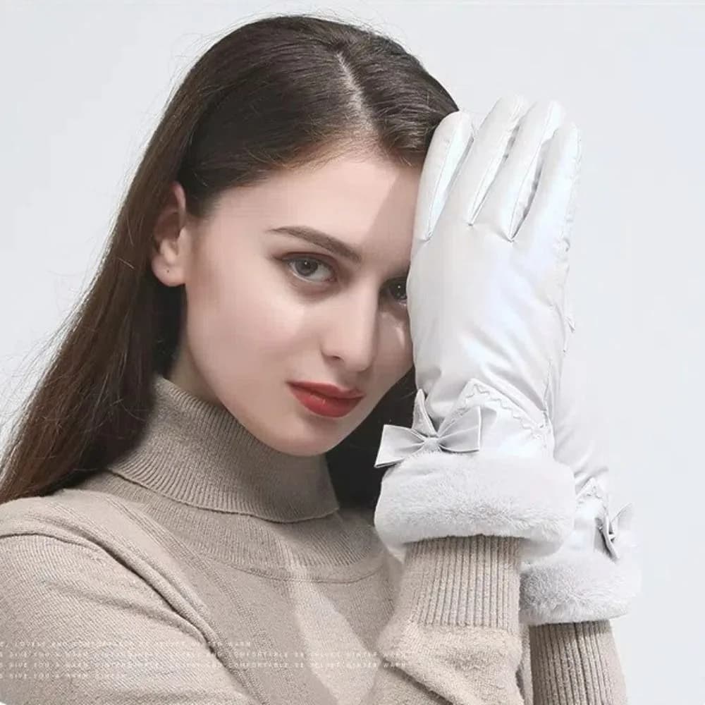 Fashion Plush Women's Bowknot Gloves Keep Warm Touch Screen Warm Gloves Thicken Shiny Ski Mittens Cycling