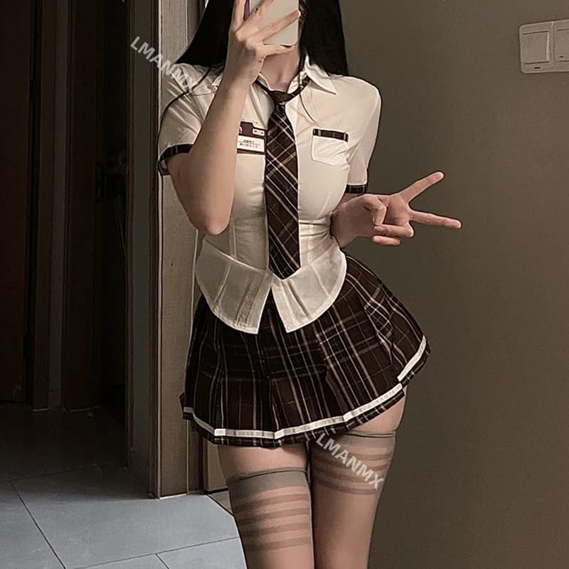 Sexy Student Uniform Set for Women School Girls Themed Party Cosplay Costume Mini Skirt Tight Blouse Set Outfit Lingerie