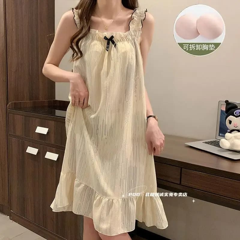 Sleeping Skirt Female Summer Sweet Cute Sling Pajamas Medium-length Sleepwear Dress Homewear Sleeveless Pyjama Sets for Women