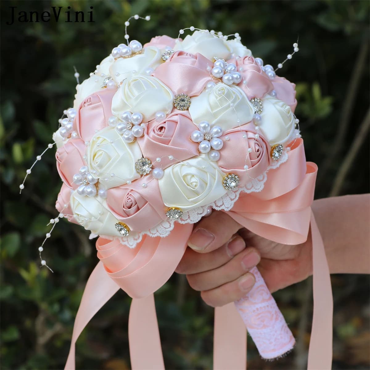 JaneVini Hot Sale Light Pink Flowers Stunning Pearls Bridal Bouquets Artificial Satin Roses Bridesmaids Wedding Brooch Bouquet
