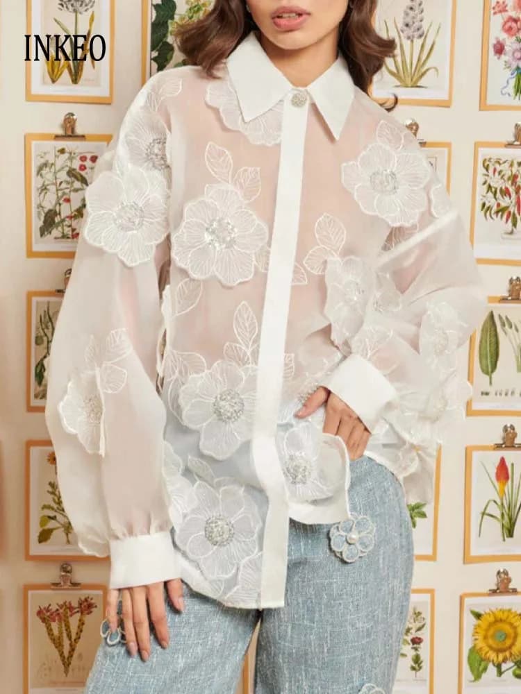 Sexy See-through Floral shirt for women 2025 Spring summer Vintage Polo collar blouse Loose Tops Streetwear Solid INKEO 4T026