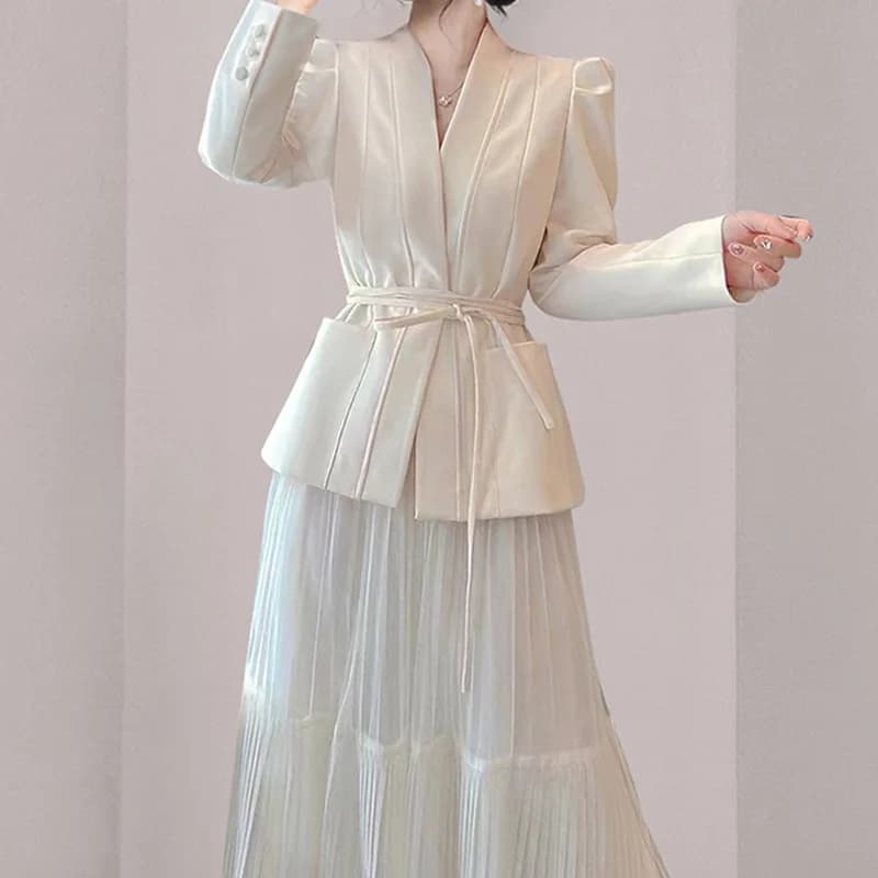 utumn New Skirt Suit Women's Elegance Korean Lace-Up Fashion Blazer + Long Mesh skirt Office Casual Evening Party 2-Piece Sets