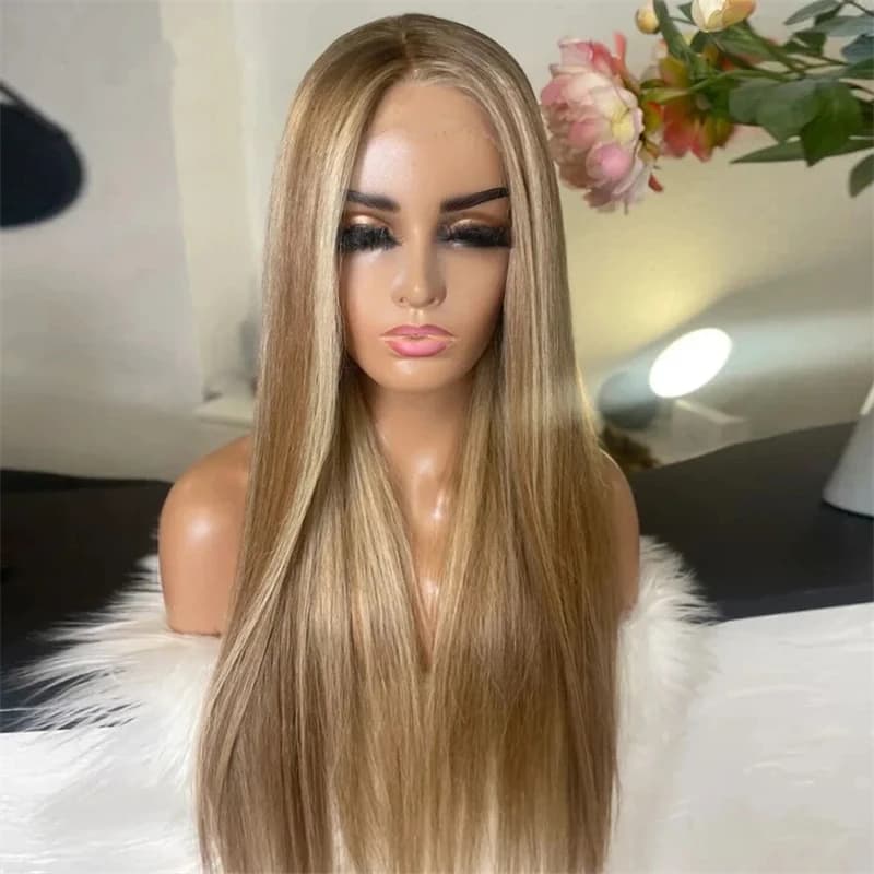 Ombre Glueless Honey Blonde Wig Human Hair Brown Highlight Wig Straight Wig 13x4 HD Lace Front Human Hair Wigs For Women