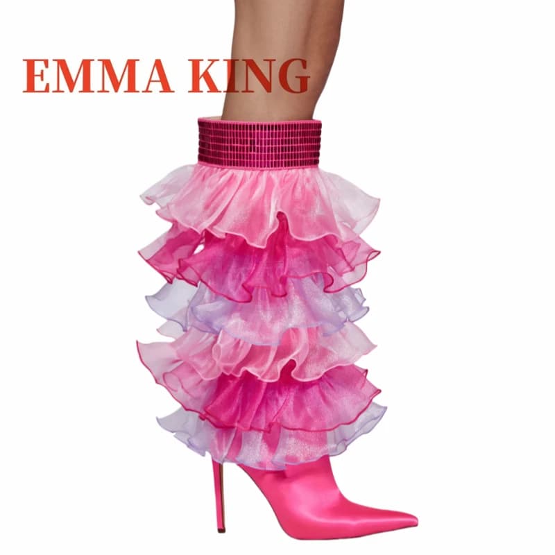 Ruffle Satin Knee-high Heeled Boots Women'S Pointd Toe Stiletto Heel Boots Fashion Rhinestone Cuffs Party Summer Modern Boots 44