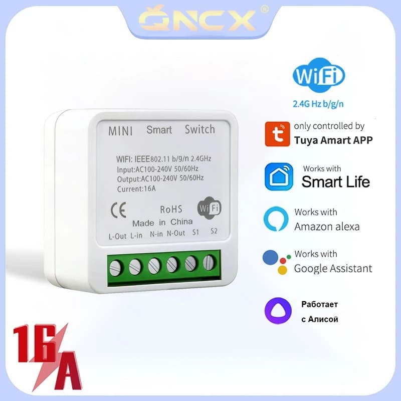 QNCX 16A Wifi Switch Mini 2-Way Control Smart Switch Works With Alexa Google Home Support Smart Life APP Timer Breaker Module