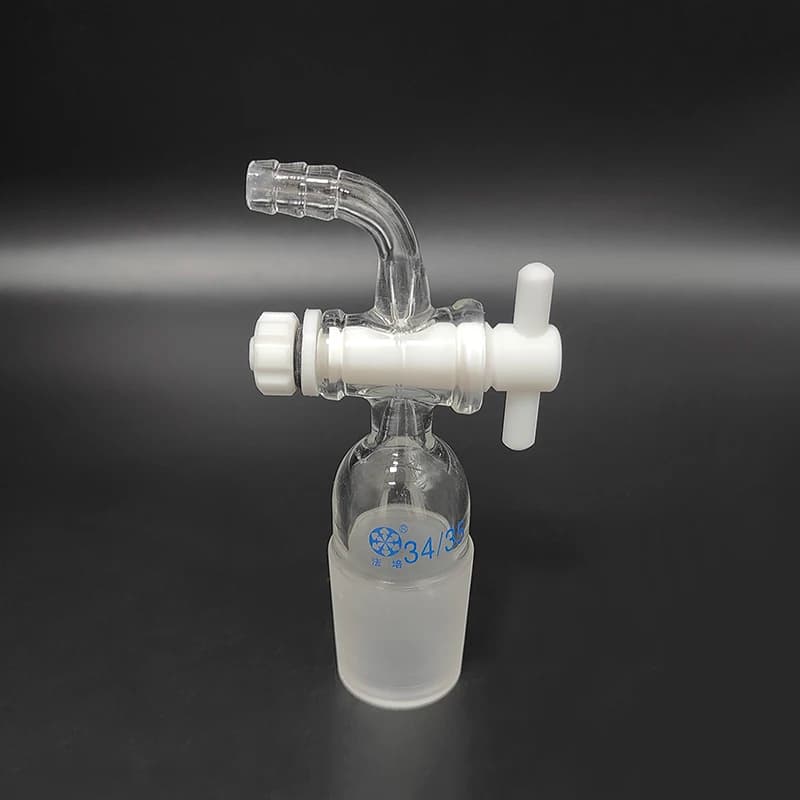 FAPE Curved suction connector, PTFE valve 34/35, Joint with PTFE stopcock standard ground mouth, Curved connector with piston