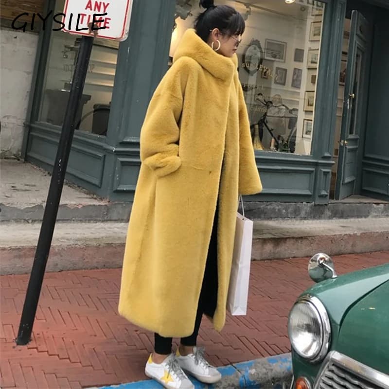 Super Warm Hooded Faux Fur Coats Trend Luxury Plush Overcoat Rabbit Furs Winter Jackets Mid-length Women Thicken Loose Furry