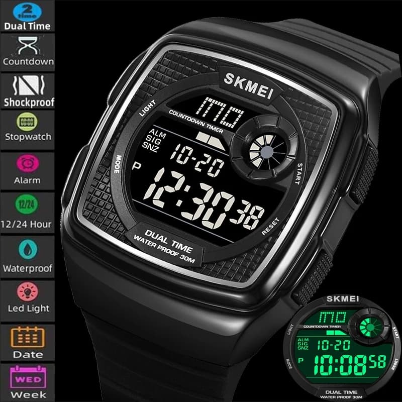 Skmei Male Alarm Clock Fashion TPU Strap Led Waterproof Digital Watches Dual Time Zone Mens Sports Stop Watch 12 24 Hour Format