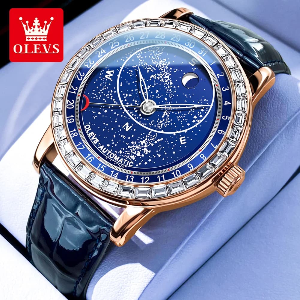 New OLEVS Luxury Diamond Automatic Mechanical Watch for Men Rotating Second Wristwatch Luminous Starry Sky Moon Phase Watch