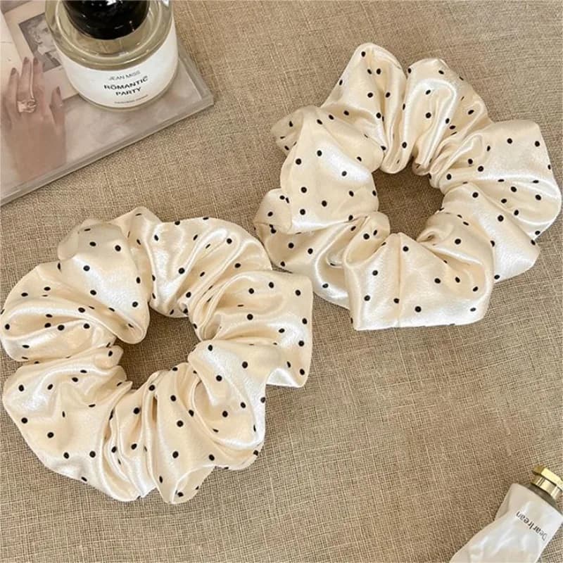 Black and White Polka Dot Satin Scrunchies for Women Large Round Ruffles Hair Band Gentle Elegant Hair Ties Head Accessories