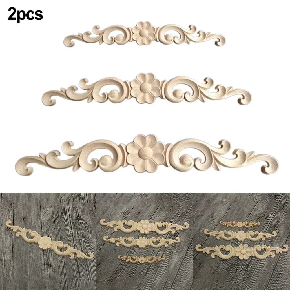2Pcs Applique Wooden Carving Decal Unpainted Floral Wood Carved Corner Applique Furniture Cabinet Door Wall Home Decorations