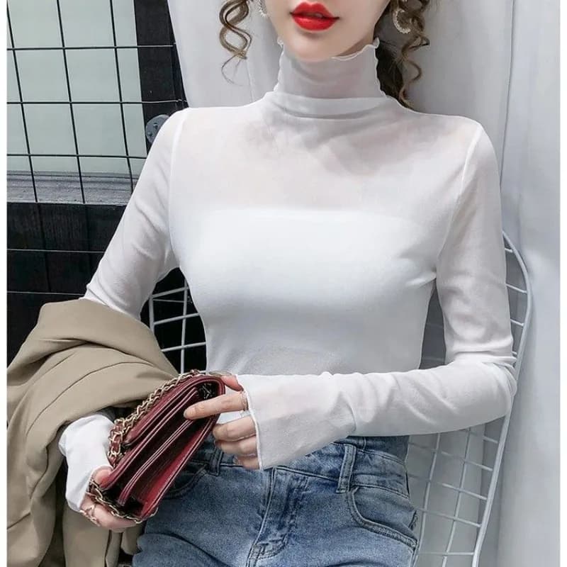 Women's T Shirts Mesh 2024 Turtleneck Clothes Slim Tees Plain Female Tops Sexy Tall Wholesale Old Tshirts Luxury High Quality O