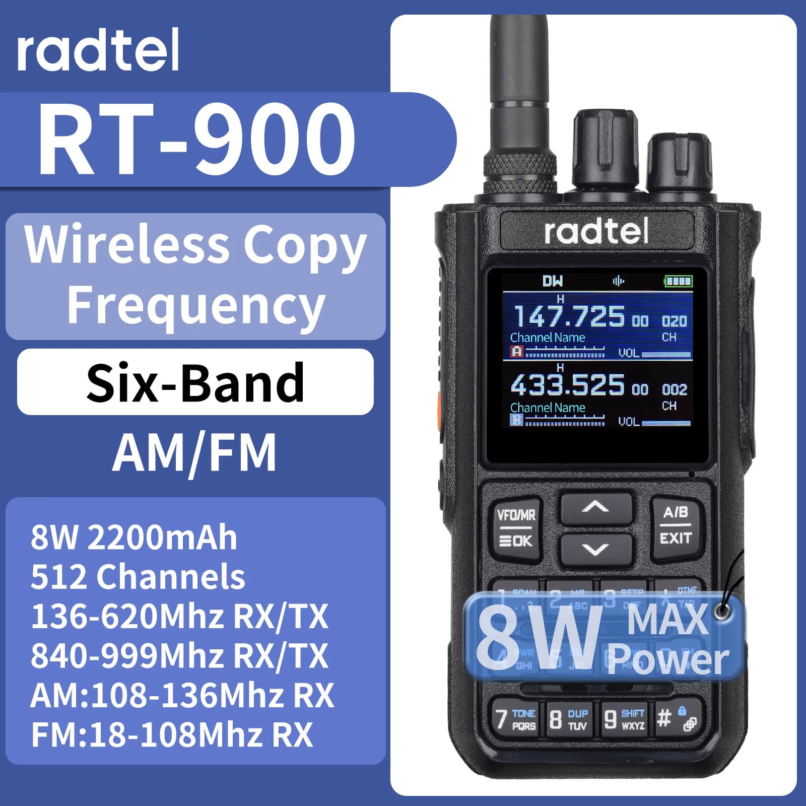 Radtel RT-900 8W 512 Channel Full band Ham Radio (No Bluetooth) Walkie Talkie  Air Band Two Way Radio Station Aviation NOAA