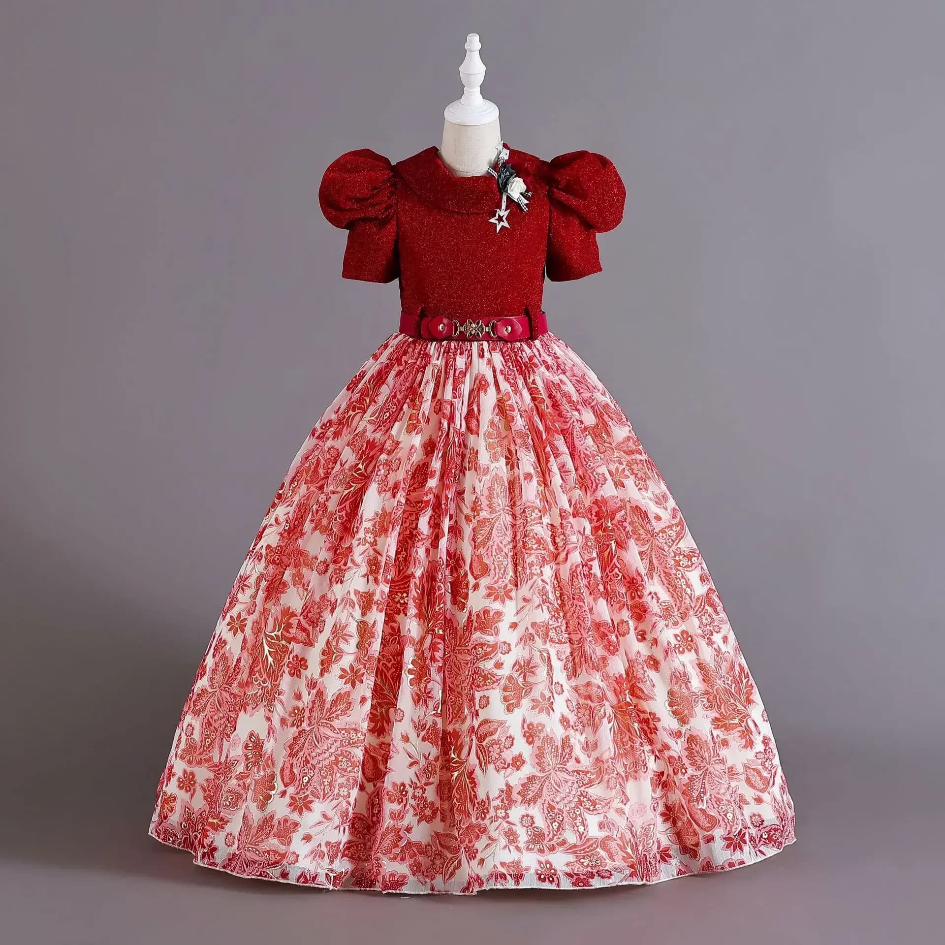 Retro Flower Kids Dresses For Girls Wedding Party Bridesmaid Pageant Gown Princess Evening Children's Dress with Belt