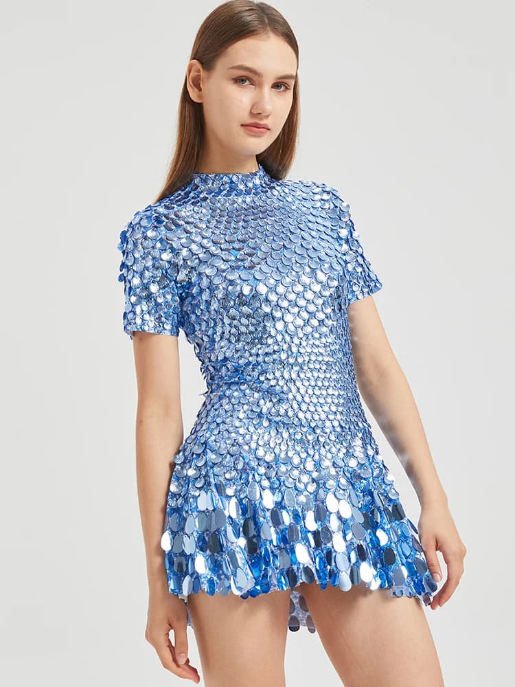 XXXL Sexy Lake Blue Shell Sequins Mini Dress Nightclub Dance High Quality Performance Clothing Bodysuit Birthday Red Dresses