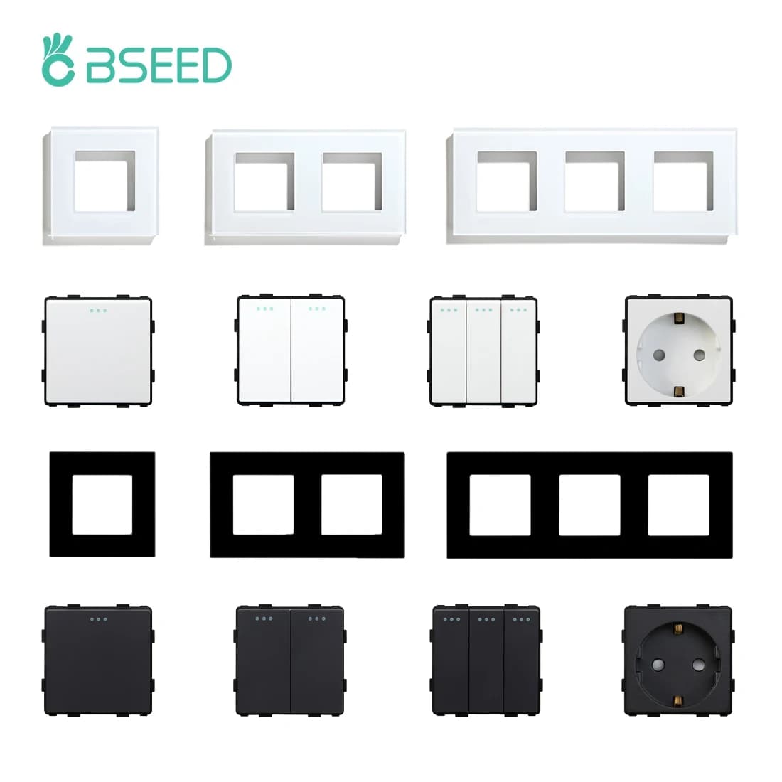 BSEED Mechanical Button Switch Module Part 1/2/3Gang 1/2Way Wall Socket Function Parts Glass Frame White Black DIY Combination
