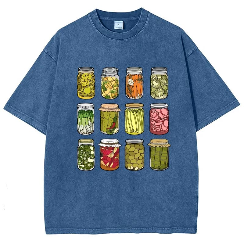 Cartoon Canned Pickle Print Women's T-Shirt Washed Cotton Vintage Crew Neck Short Sleeve Casual Fashion Design Top Basic Tees