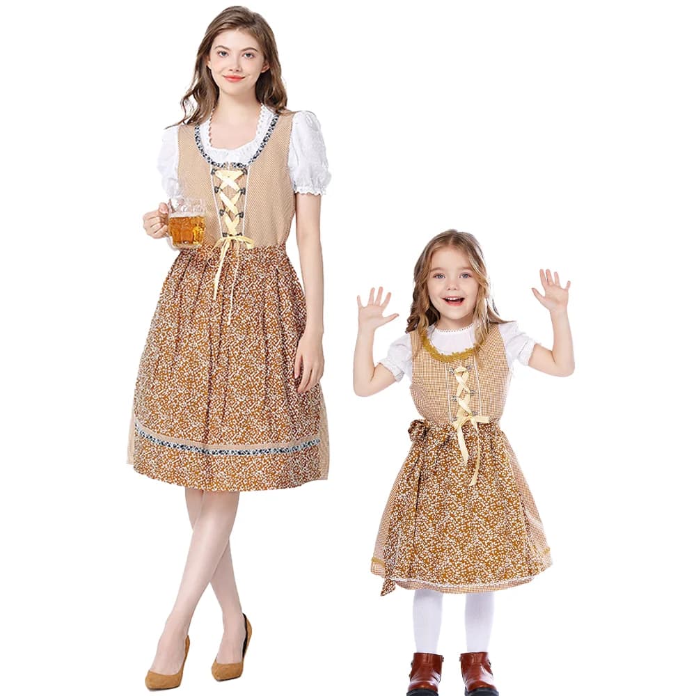 German Munich Oktoberfest Floral Dirndl Adult Women Kids Girl Beer Maid Cosplay Dress Parent Child Bavarian Traditional Costume