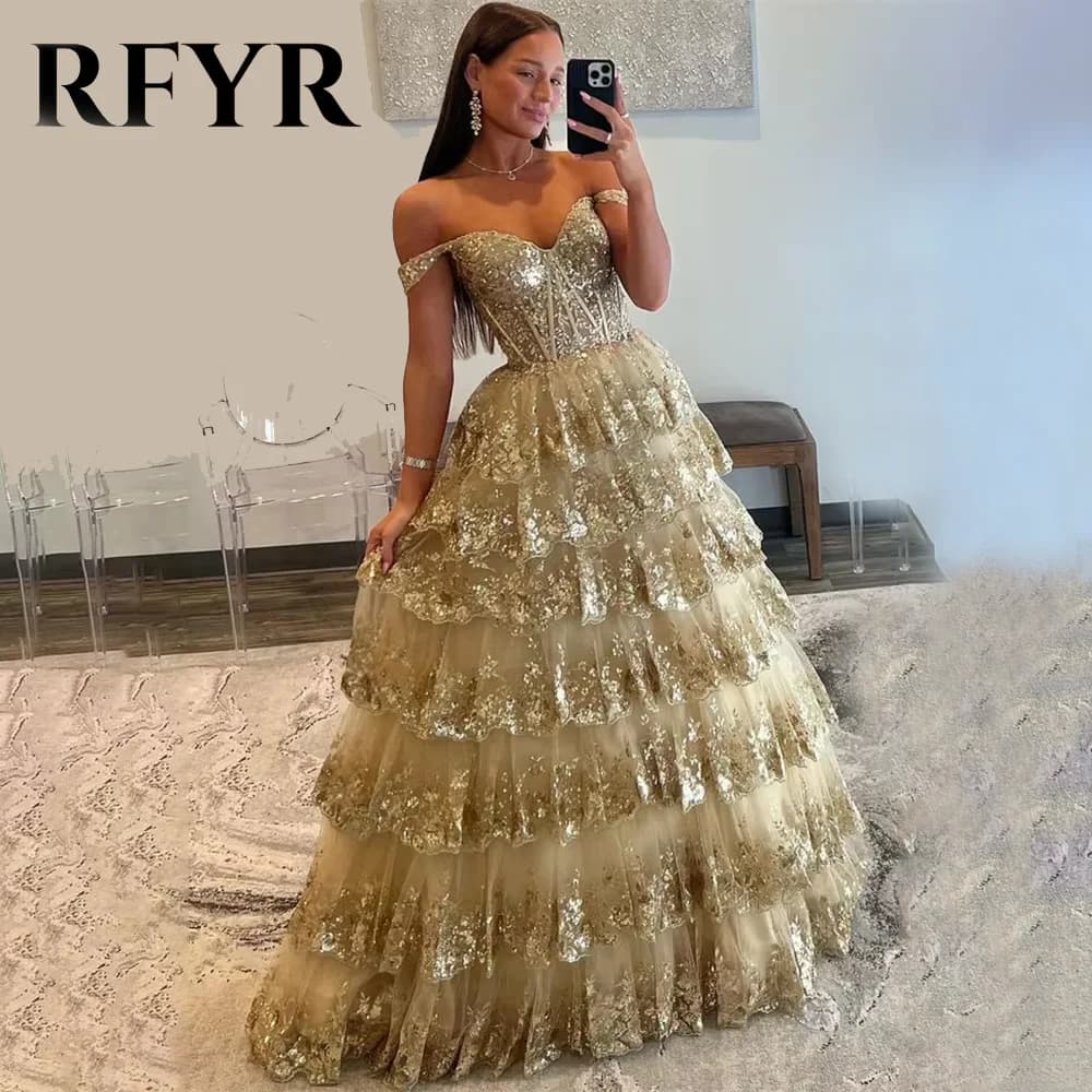 RFYR Puffy Gold Evening Dress Off  Shoulder Vestidos De Noche Sweetheart Layered Prom Dress Appliques Party Dress Customized