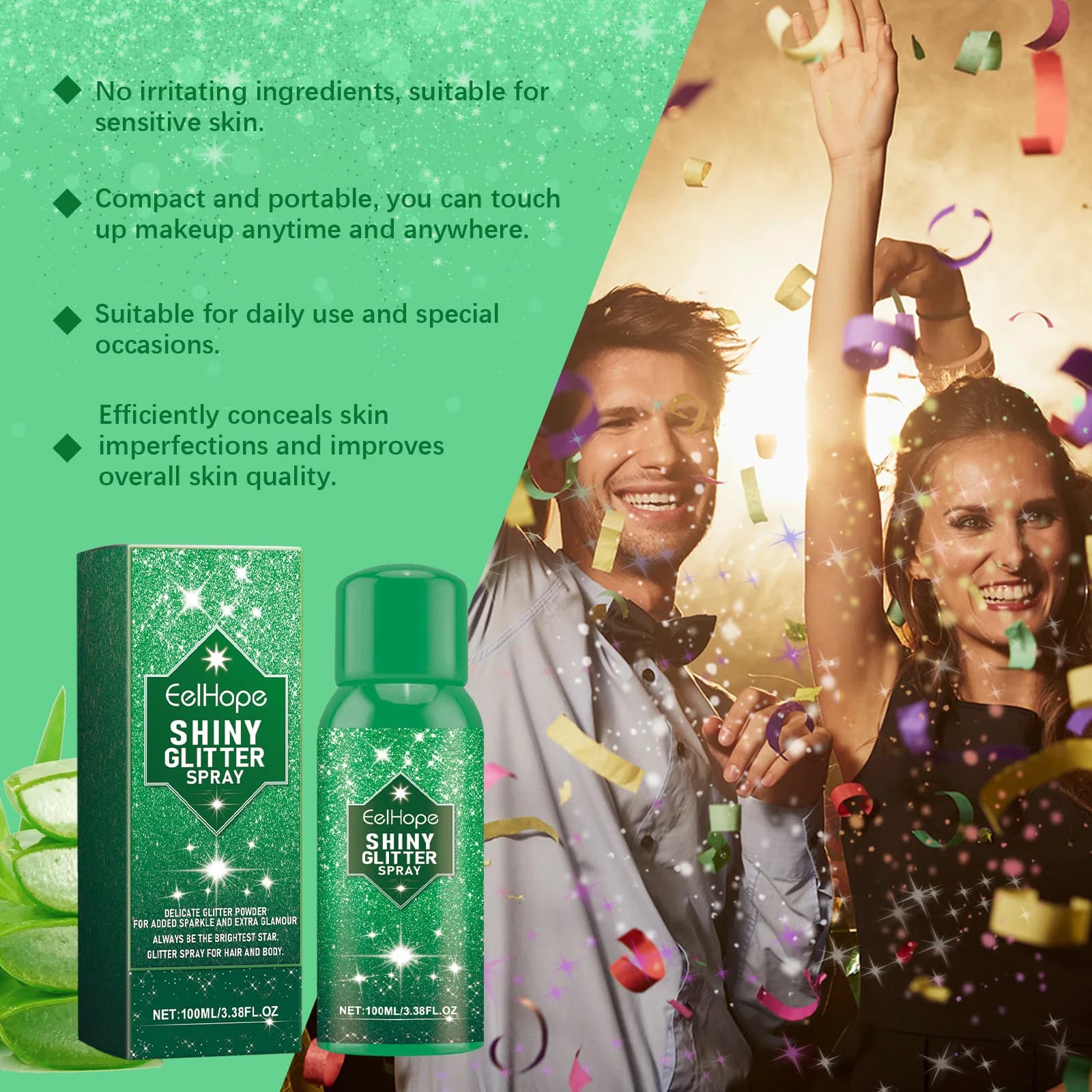 EELHOE 1pcs Highlighter Powder Spray Long Lasting Shiny Face Contour Hair Body Clothes Glitter Makeup for Dating Nightclub Party