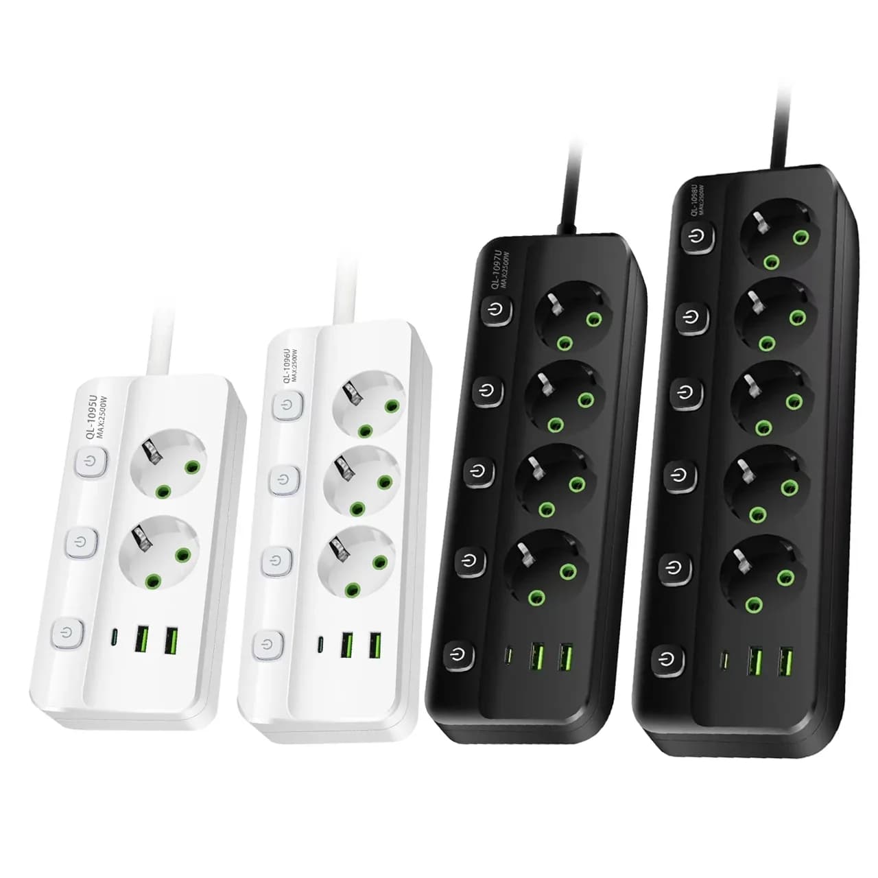 EU Plug Power Strip 2/3/4/5 Position Independent Control Socket with 2 USB 1 Type-C Ports 2m Extension Cord Electrical Sockets