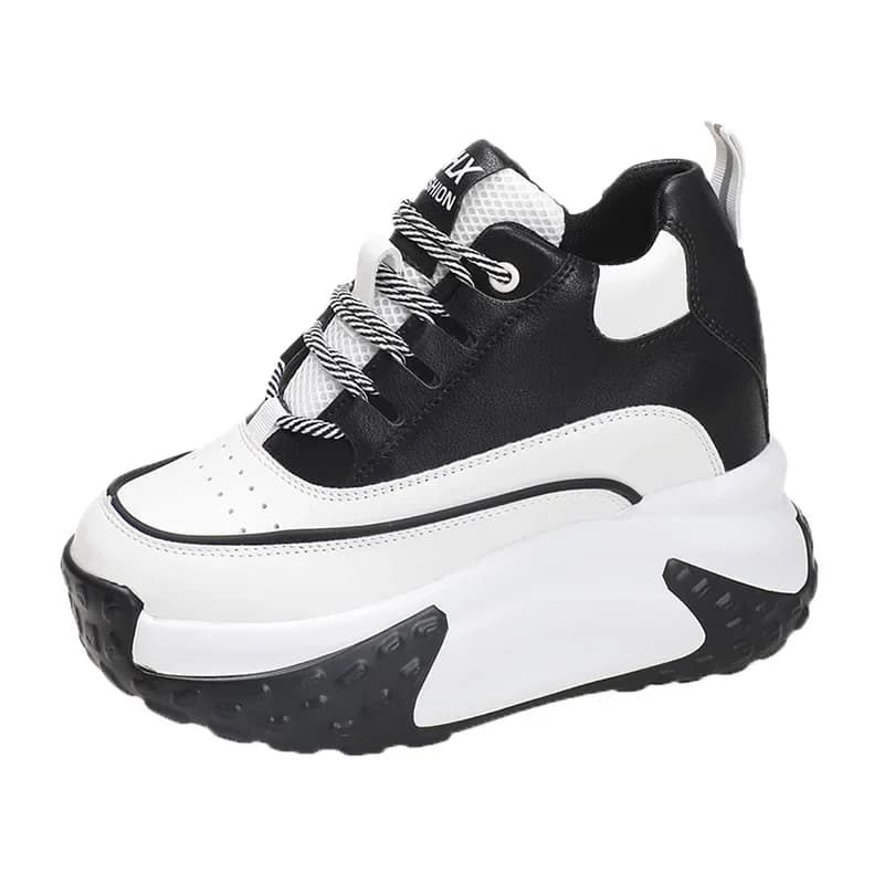 Women Platform Breathable Leather Shoes New Autumn Chunky Sneakers 10CM Wedge Hidden Heels Leisure Sports Casual Dad Shoes Woman