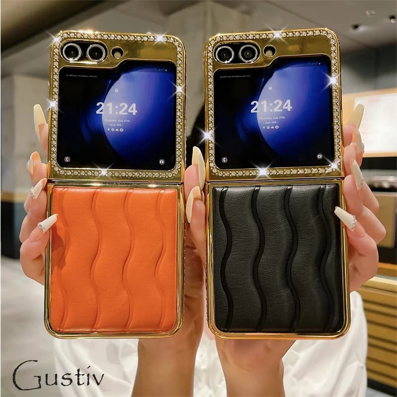 Luxury Plaid PU Leather Phone Case for Samsung Galaxy Z Flip 5 Flip 4 Gold Plating Glitter Water Ripple Cover for Samsung ZFlip3