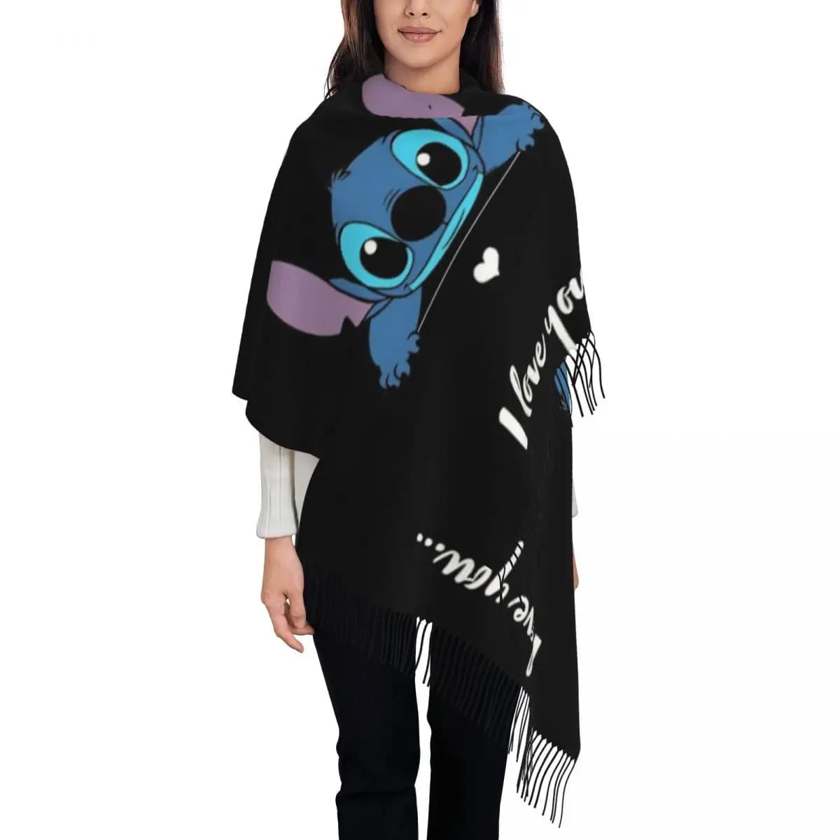 Custom Cute Stitch Tassel Scarf Women Soft Cartoon Shawls Wraps Female Winter Scarves