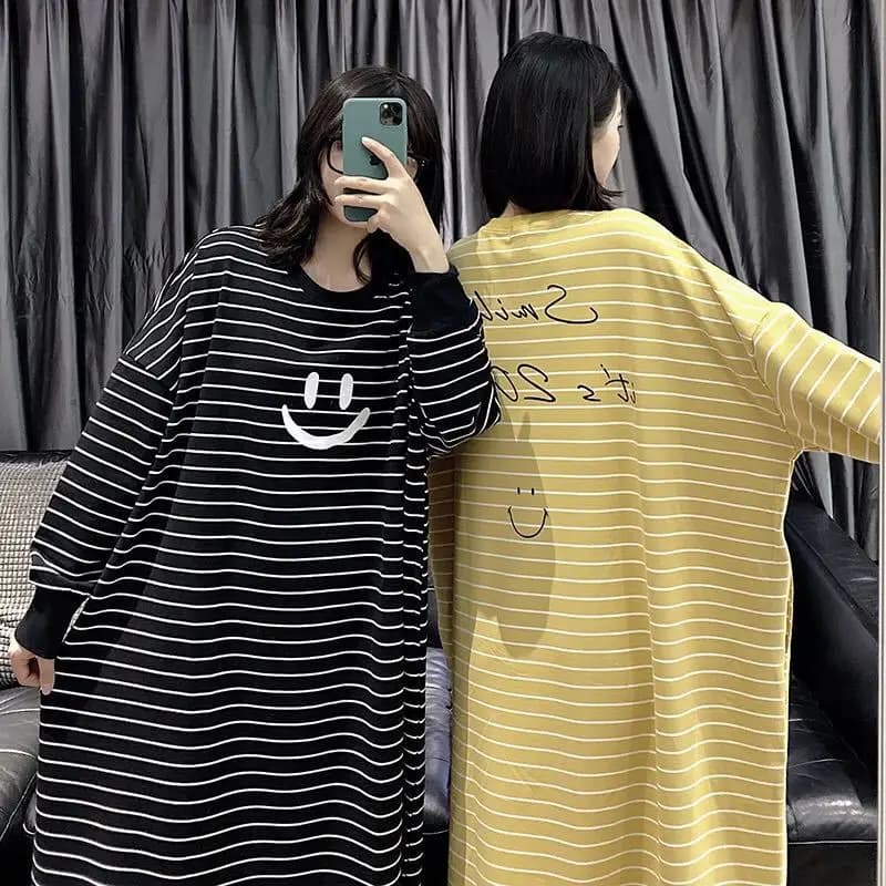 Striped Plus Size Pajamas Women Autumn Korean Long Sleeves Loose Home Dress  Pregnant Over The Knee Fattening Nightgown 100kg