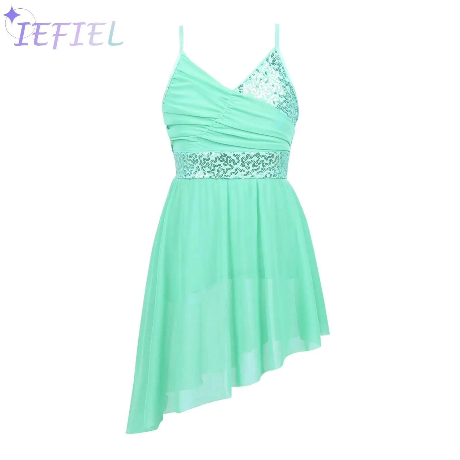 Kids Girls Sequined Decor Contemporary Dancewear Lyrical Dress High-Low Skirt Ballet Latin Performing Costume Fancy Skating