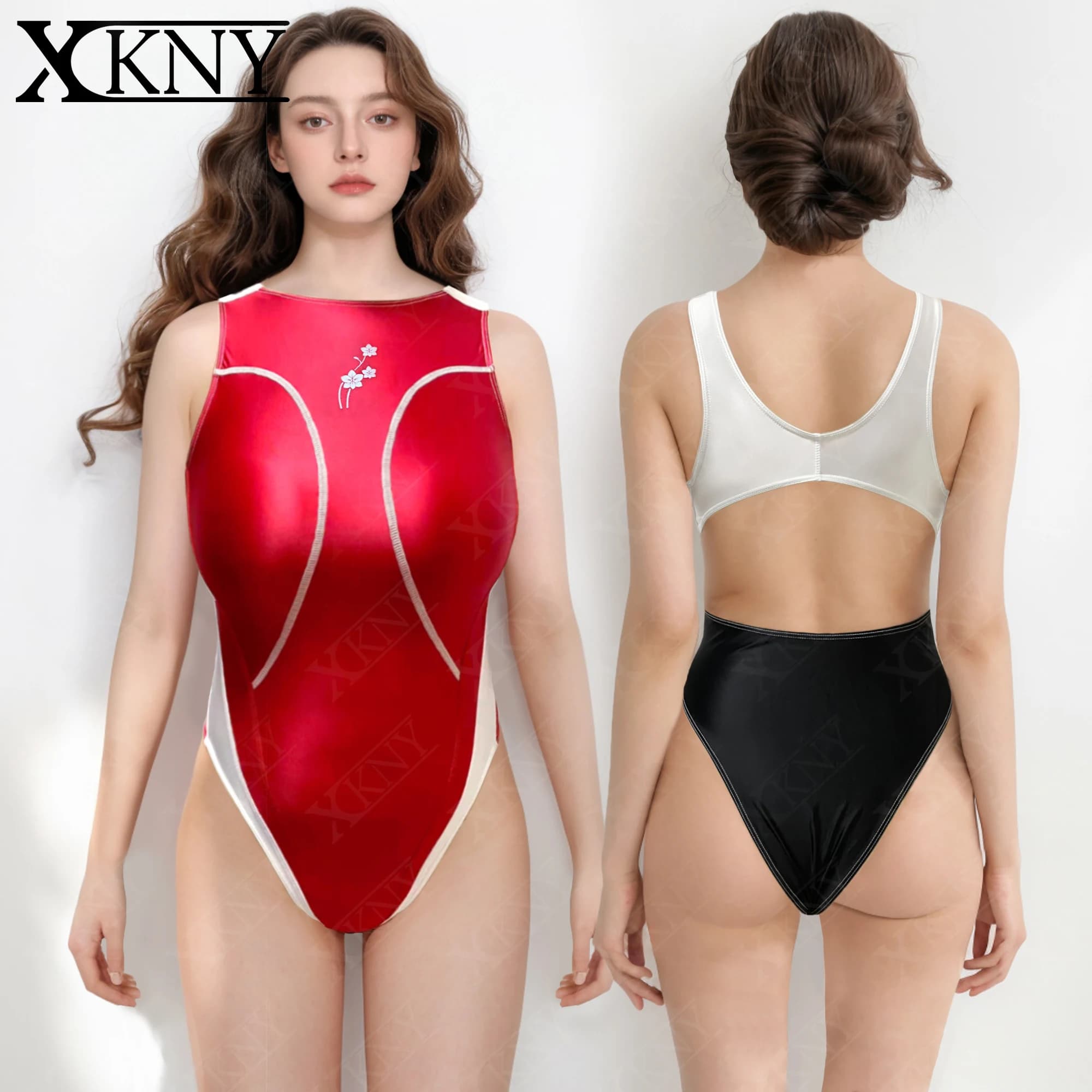 XCKNY glossiness series swimsuit one piece Color blocked briefs Bareback satin glossy high fork swimsuit