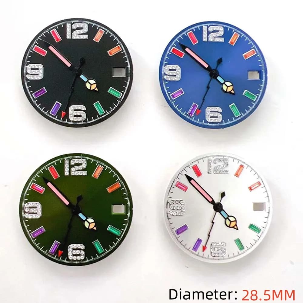 28.5MM Watch Dial+Needle Green Luminous Rainbow Scale Dial Hands for NH35 NH36 4R 7S Movement