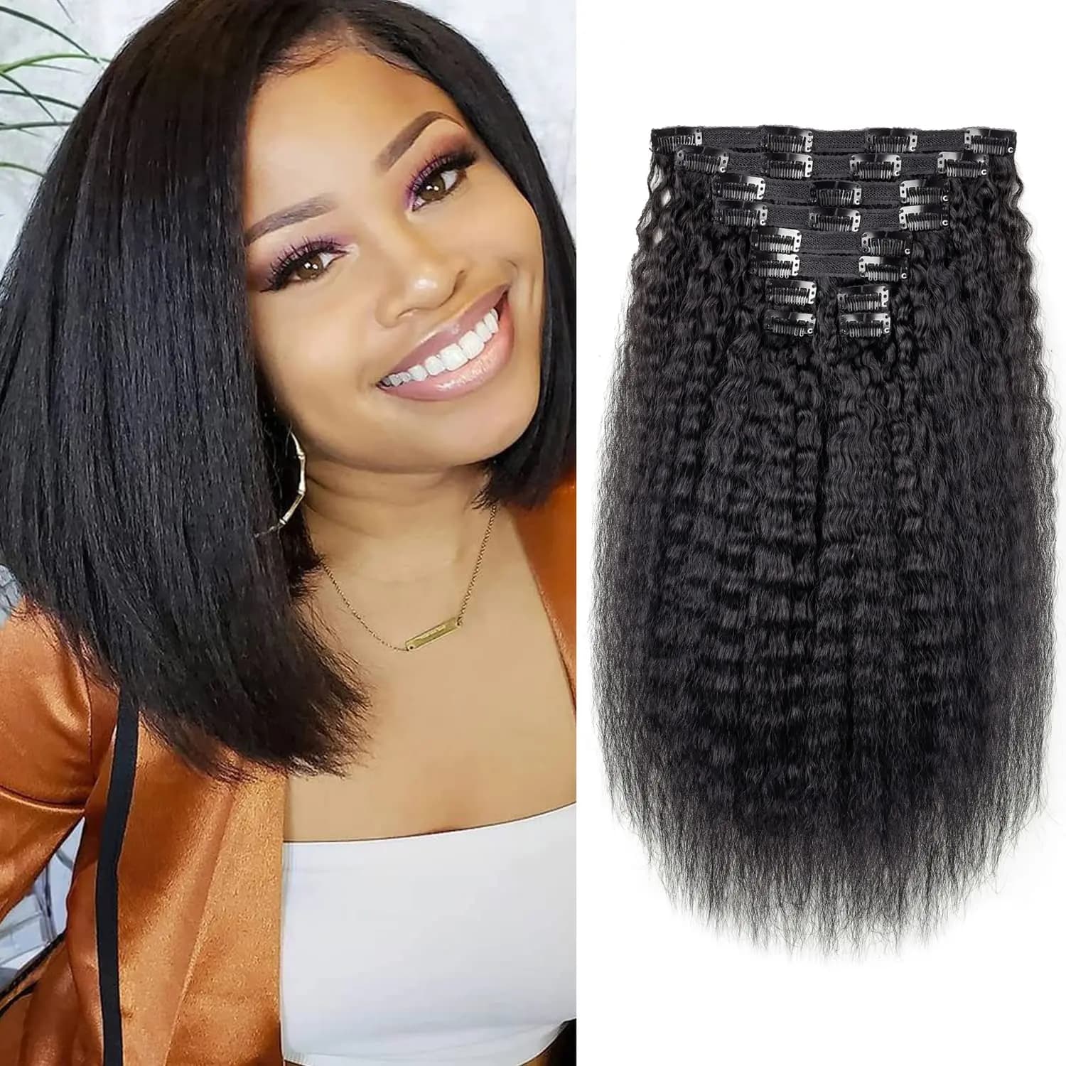 Kinky Straight Clips In Human Hair Extensions 120G 8Pcs/Set In Brazilian 100% Remy Human Hair Natural Color 10-26inches