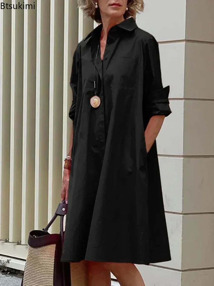 New 2025 Women's Spring Summer Shirt Dress Solid Casual Turn-down Collar Pocket Long Sleeve Midi Dresses Female Dresses Vestidos